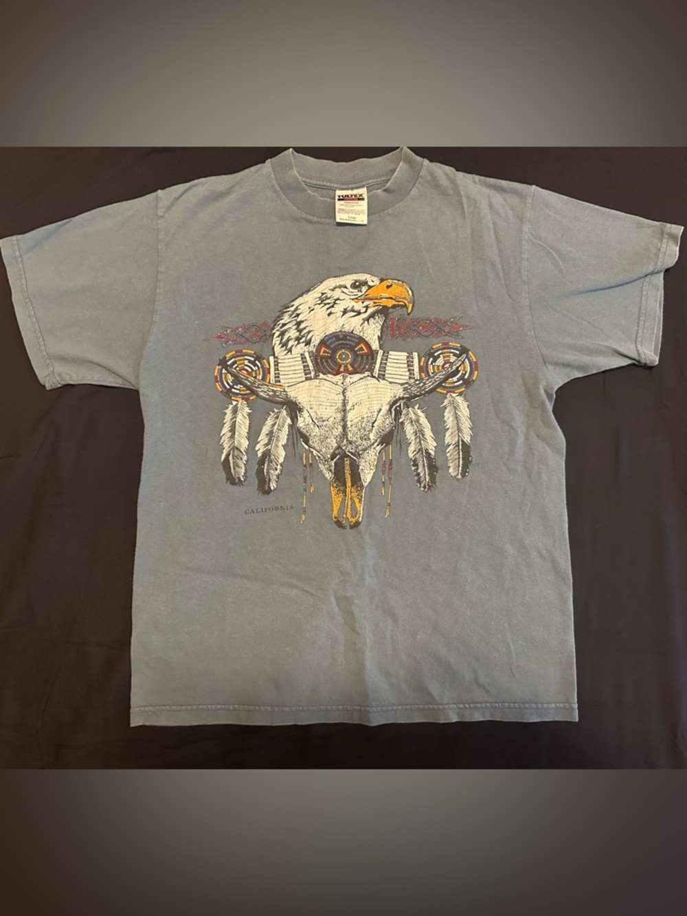 Vintage-Style Blue Graphic Men’s T-Shirt with Eagle & Skull Print